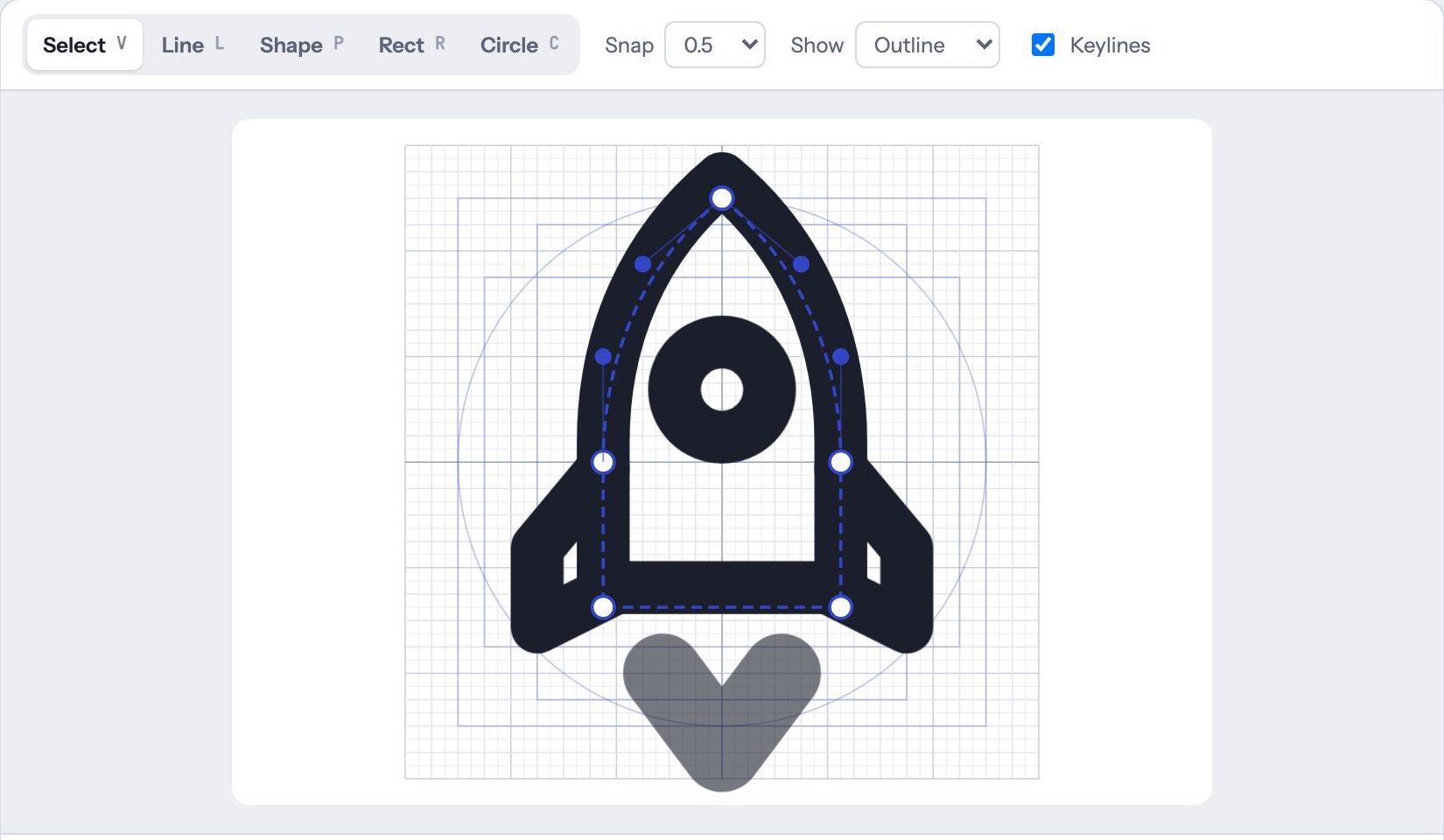 The rocket on the board with its body selected: a dashed outline and round handles on each point