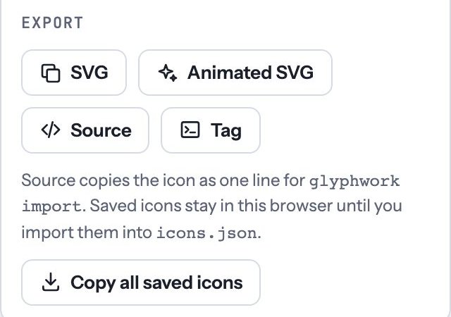 The Export panel: SVG, Animated SVG, Source and Tag buttons, and Copy all saved icons