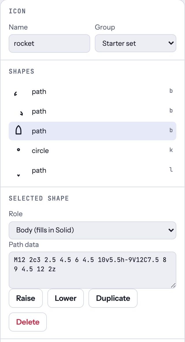 The inspector: Name and Group, the list of Shapes, and the Selected shape panel with Role, Path data, Raise, Lower, Duplicate and Delete