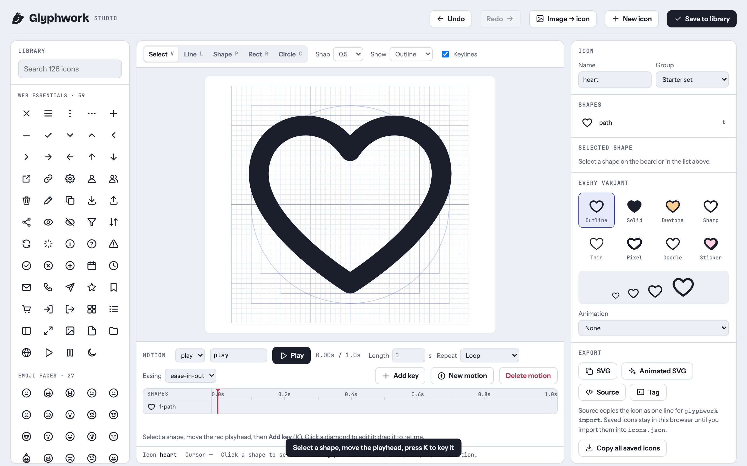 A heart with a brand-new motion called play, a one-second timeline and one row for its shape