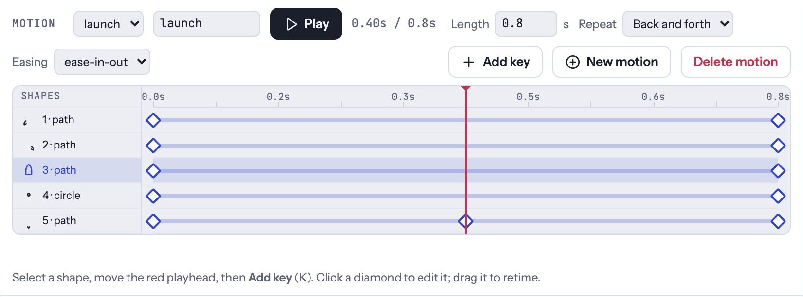 The timeline under the board: motion settings, a row per shape with diamond keyframes, and the red playhead
