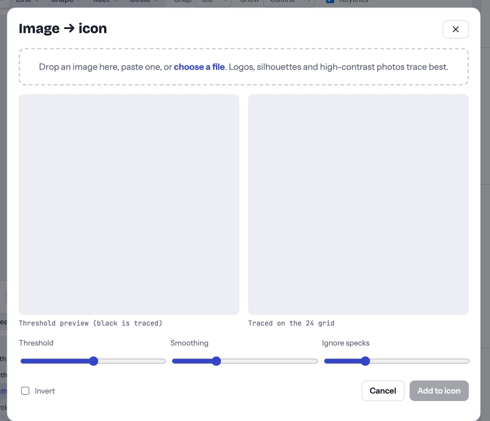The Image → icon window with a drop area, the threshold preview and traced result side by side, and Threshold, Smoothing and Ignore specks sliders