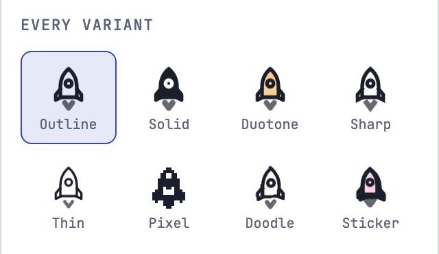 Every variant: the rocket in Outline, Solid, Duotone, Sharp, Thin, Pixel, Doodle and Sticker